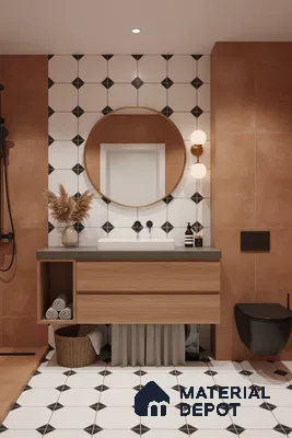 Modern bathroom with terracotta wall tiles, geometric black-and-white floor tiles, and wood vanity in Bengaluru | Material Depot