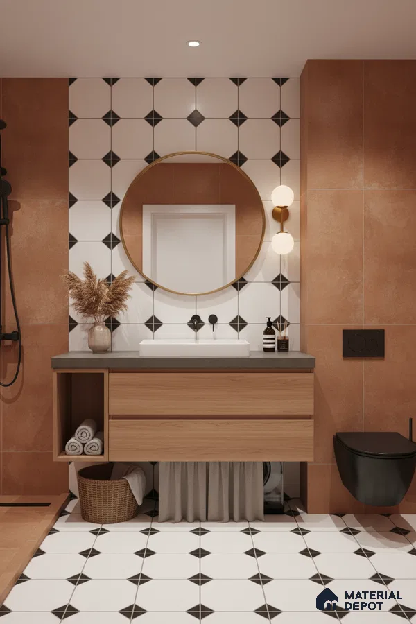 Modern bathroom with terracotta wall tiles, geometric black-and-white floor tiles, and wood vanity in Bengaluru | Material Depot
