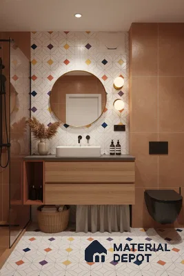 Modern bathroom with terracotta wall tiles, geometric multicolor patterned floor and wall tiles, and wood vanity in Bengaluru | Material Depot
