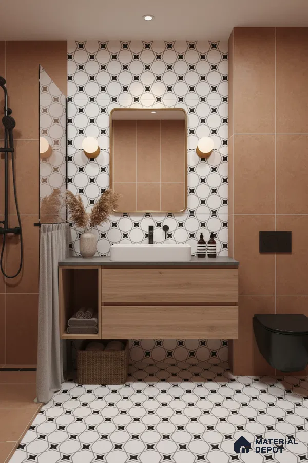 Modern bathroom with terracotta wall tiles, geometric patterned black-and-white floor and wall tiles, and wood vanity in Bengaluru | Material Depot