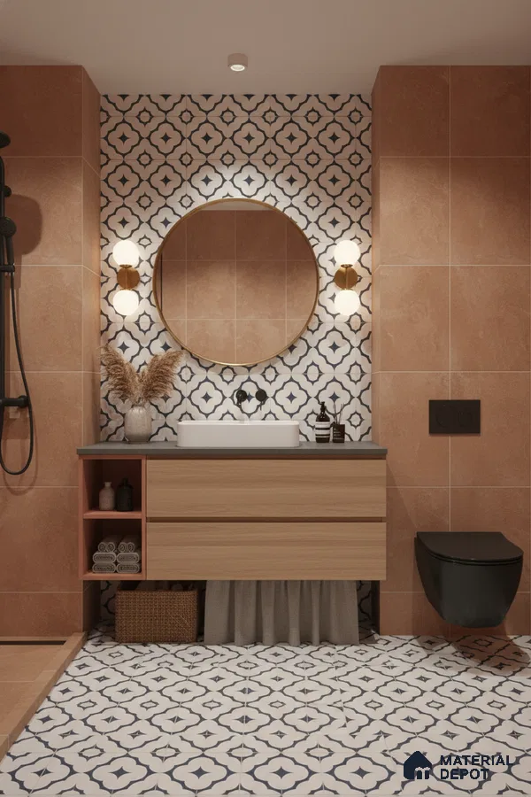 Modern bathroom with terracotta wall tiles, geometric patterned floor and wall tiles, and light wood floating vanity in Bengaluru | Material Depot