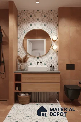Modern bathroom with terracotta wall tiles, geometric patterned floor and wall tiles, and wood vanity in Bengaluru | Material Depot