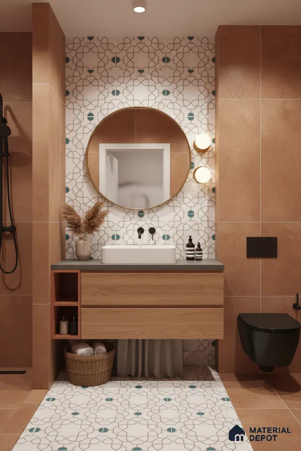 Modern bathroom with terracotta wall tiles, geometric patterned floor and wall tiles, and wood vanity in Bengaluru | Material Depot