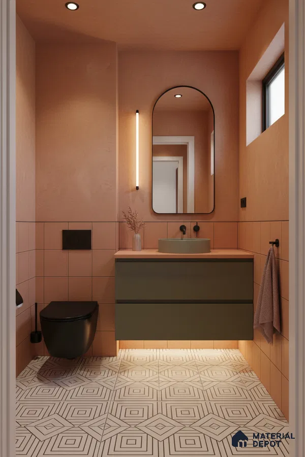 Modern bathroom with terracotta wall tiles, olive green vanity, and geometric patterned floor tiles in Bengaluru | Material Depot