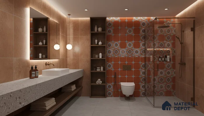 Modern bathroom design with terracotta wall tiles, patterned moroccan highlighter tiles, and terrazzo countertop in Bengaluru | Material Depot