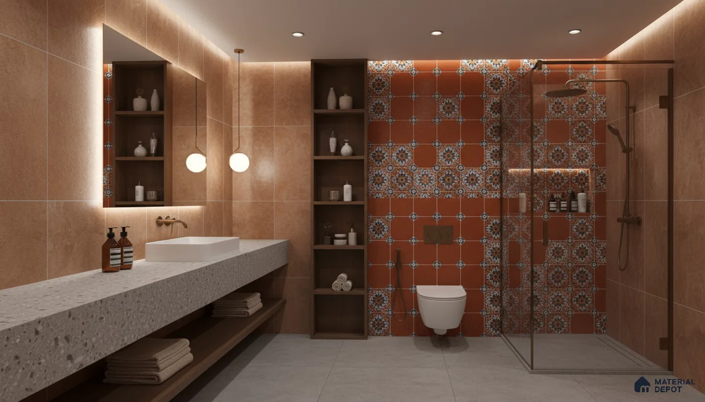 Modern bathroom design with terracotta wall tiles, patterned moroccan highlighter tiles, and terrazzo countertop in Bengaluru | Material Depot