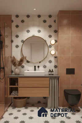 Modern bathroom with terracotta wall tiles, star patterned floor and wall tiles, and wood vanity in Bengaluru | Material Depot