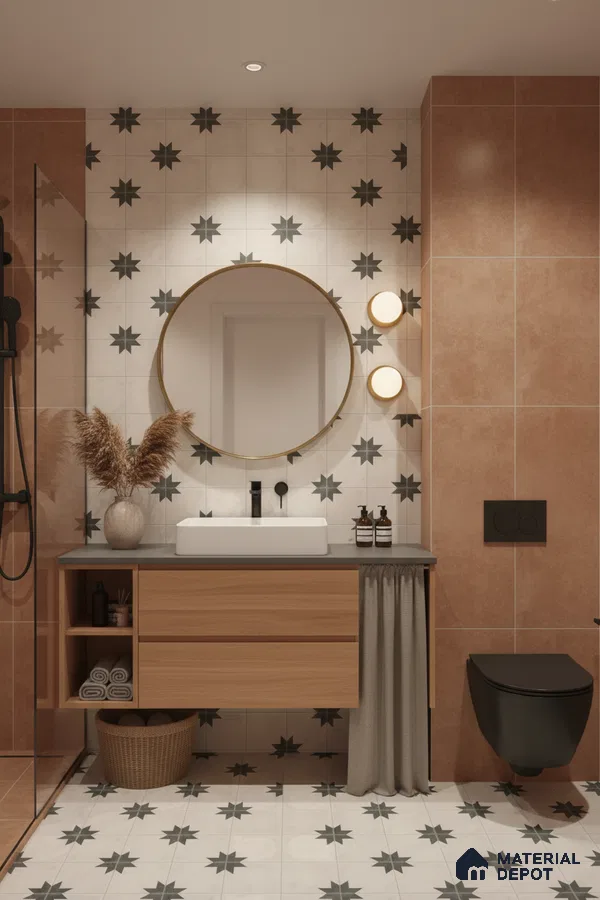 Modern bathroom with terracotta wall tiles, star patterned floor and wall tiles, and wood vanity in Bengaluru | Material Depot