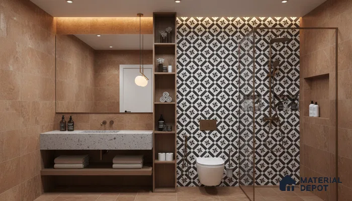 Modern bathroom design with terracotta wall tiles, terrazzo countertop, and black-and-white geometric patterned shower wall tiles in Bengaluru | Material Depot