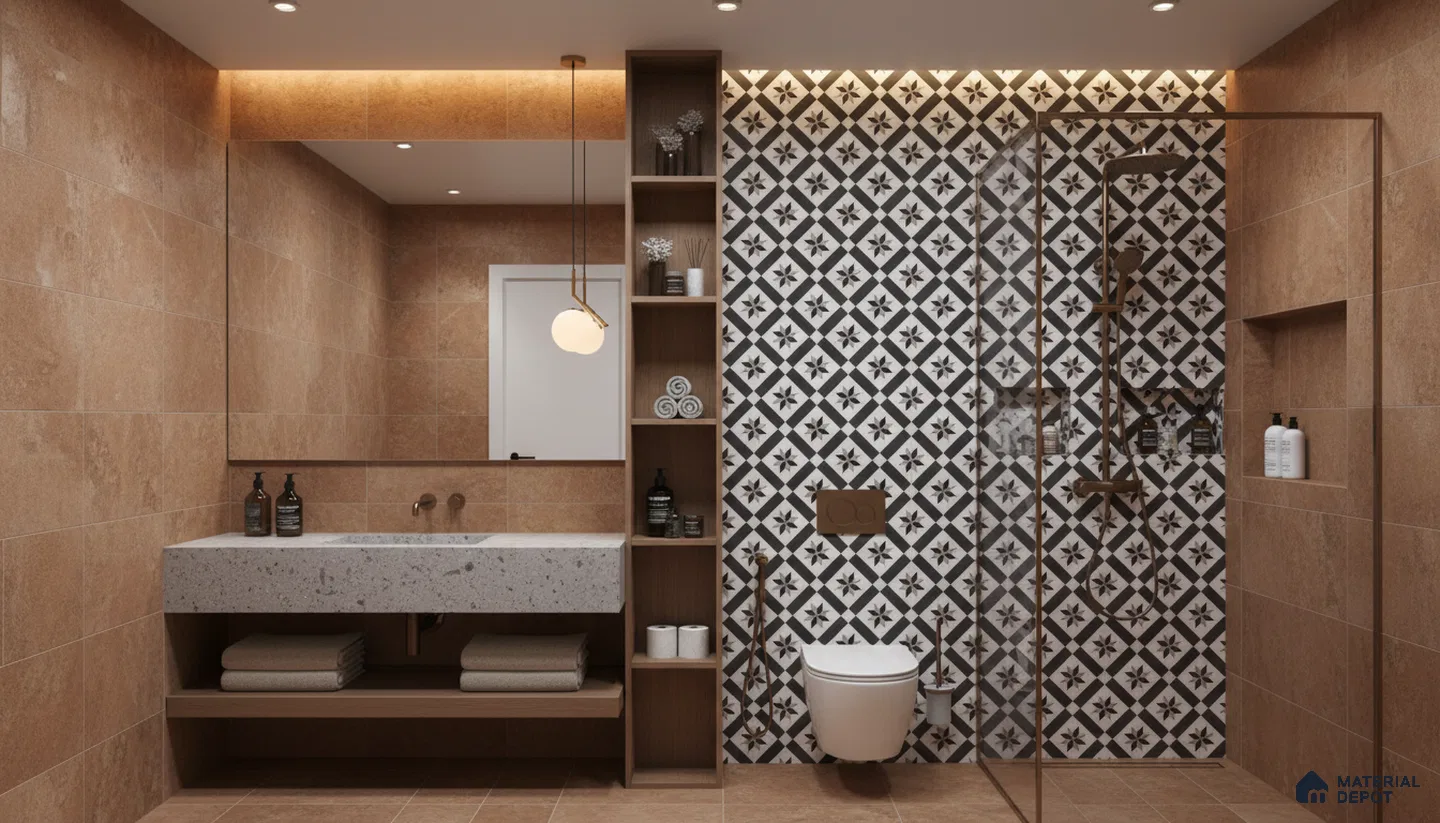 Modern bathroom design with terracotta wall tiles, terrazzo countertop, and black-and-white geometric patterned shower wall tiles in Bengaluru | Material Depot