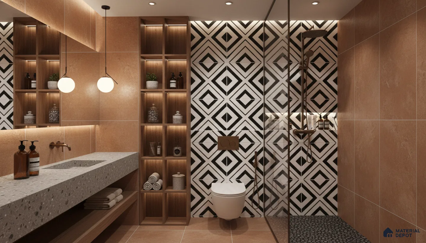 Modern bathroom design with terracotta wall tiles, terrazzo countertop, and geometric black-and-white accent wall tiles in Bengaluru | Material Depot