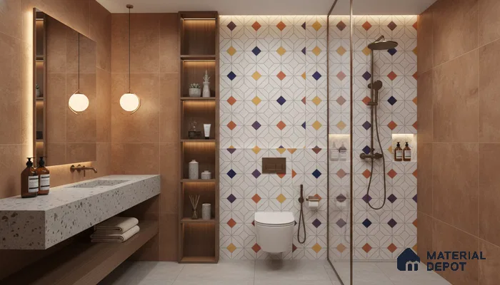 Modern bathroom design with terracotta wall tiles, terrazzo countertop, and geometric patterned accent wall tiles in Bengaluru | Material Depot