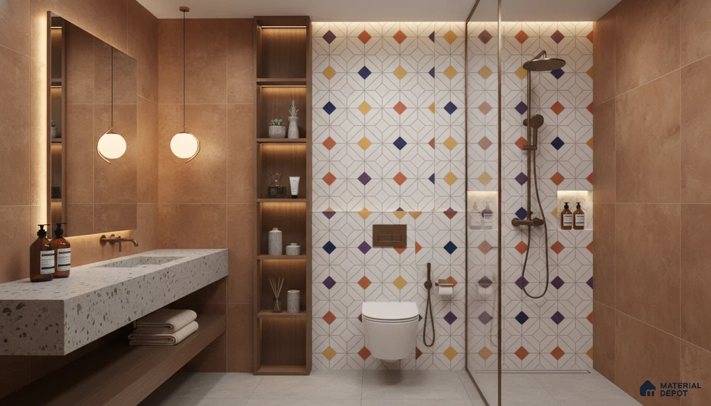 Modern bathroom design with terracotta wall tiles, terrazzo countertop, and geometric patterned accent wall tiles in Bengaluru | Material Depot