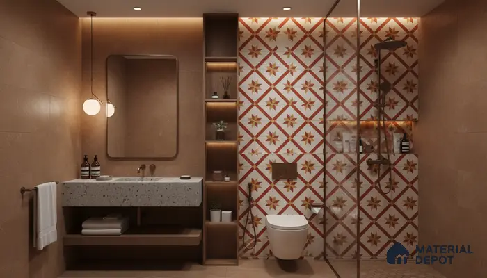 Modern bathroom design with terracotta wall tiles, terrazzo countertop, and geometric patterned highlighter shower wall tiles in Bengaluru | Material Depot