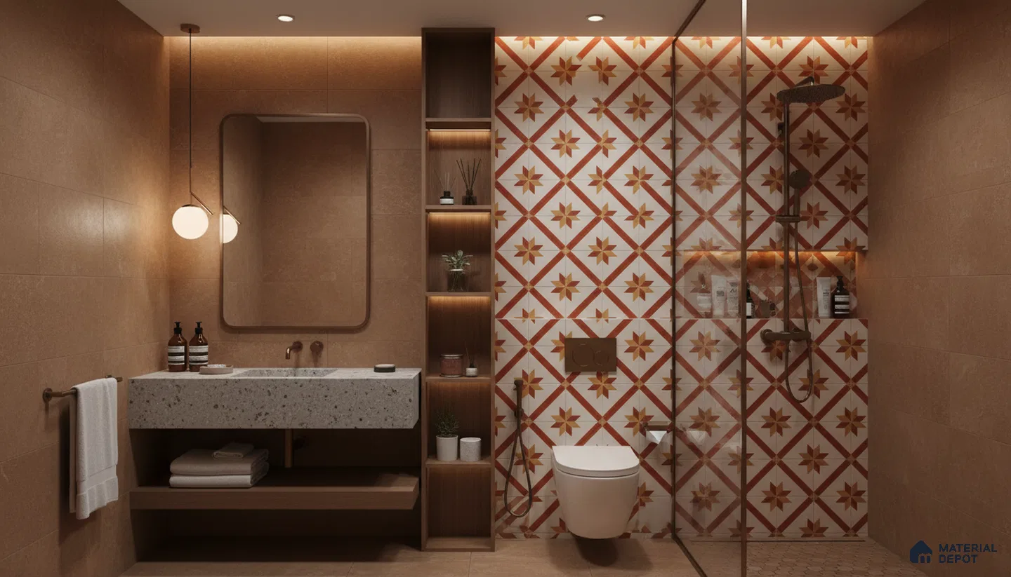 Modern bathroom design with terracotta wall tiles, terrazzo countertop, and geometric patterned highlighter shower wall tiles in Bengaluru | Material Depot