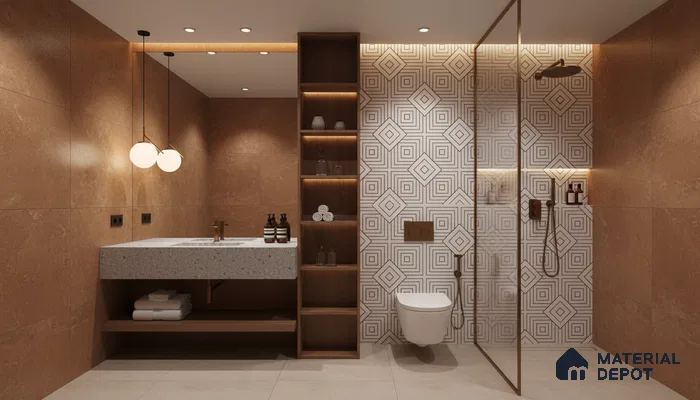 Modern bathroom design with terracotta wall tiles, terrazzo countertop, and geometric patterned highlighter wall tiles in Bengaluru | Material Depot
