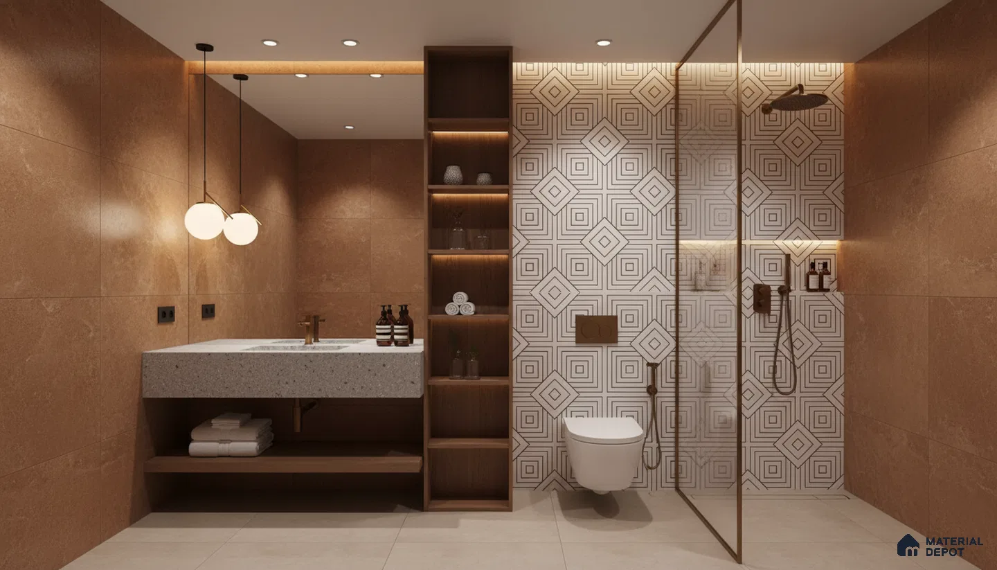 Modern bathroom design with terracotta wall tiles, terrazzo countertop, and geometric patterned highlighter wall tiles in Bengaluru | Material Depot