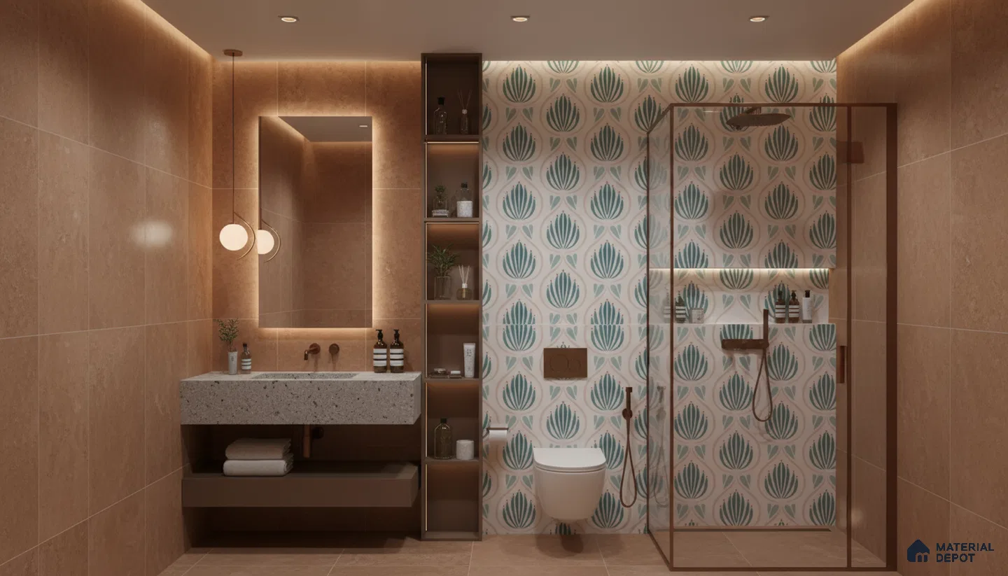 Modern bathroom design with terracotta wall tiles, terrazzo countertop, and teal floral patterned shower wall tiles in Bengaluru | Material Depot