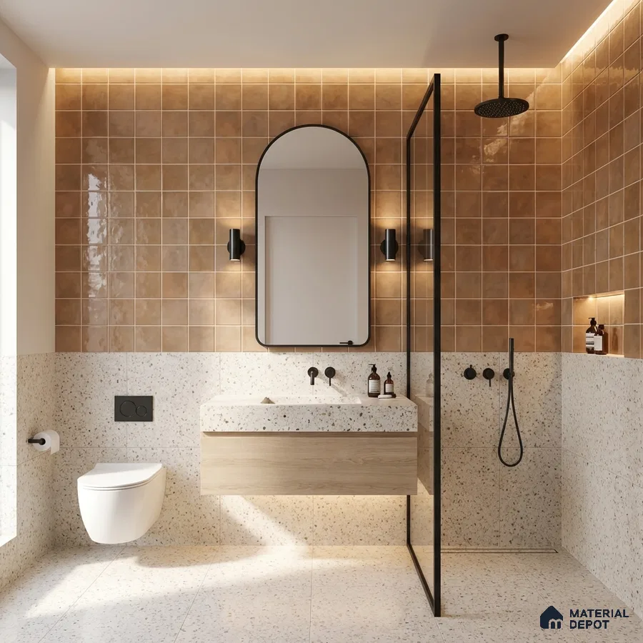 Modern bathroom with terracotta wall tiles, terrazzo floor and wall tiles, and floating wood vanity