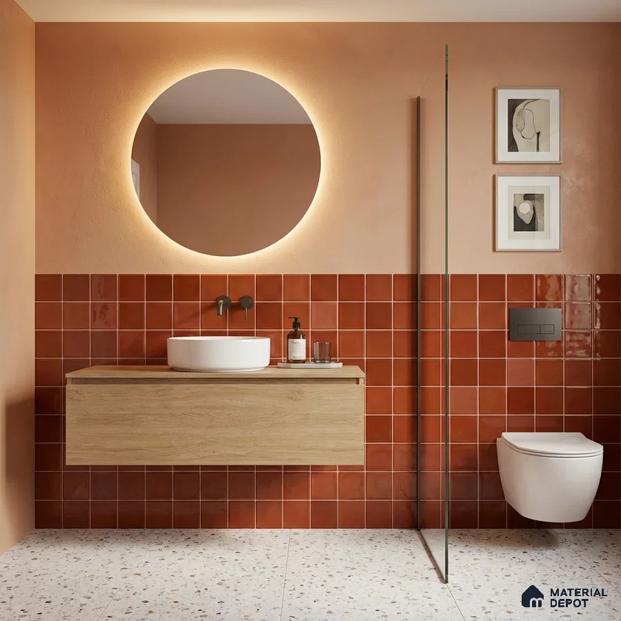 Modern bathroom with terracotta wall tiles, terrazzo floor tiles, and light oak floating vanity