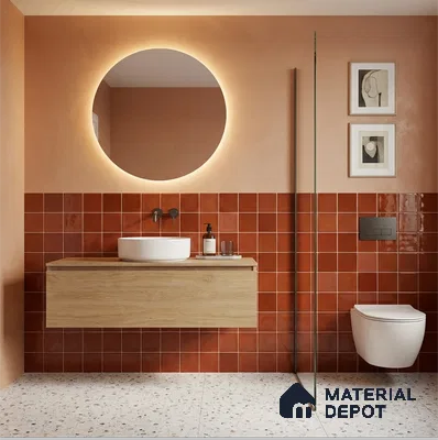 Modern bathroom with terracotta wall tiles, terrazzo floor tiles, and light oak floating vanity