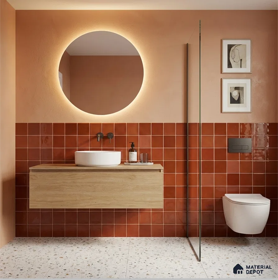 Modern bathroom with terracotta wall tiles, terrazzo floor tiles, and light oak floating vanity