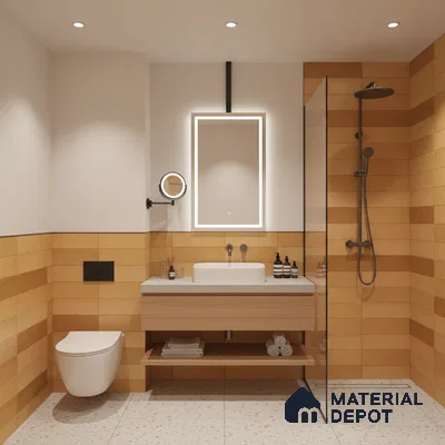 Modern bathroom with terracotta wall tiles, terrazzo floor tiles, and light wood floating vanity | Material Depot