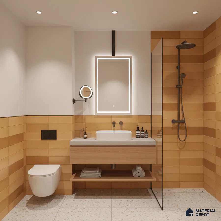Modern bathroom with terracotta wall tiles, terrazzo floor tiles, and light wood floating vanity | Material Depot