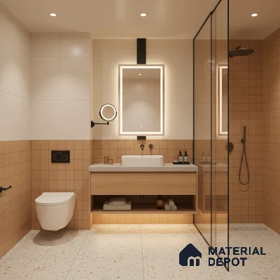 Modern bathroom with terracotta wall tiles, terrazzo floor tiles, and light wood floating vanity | Material Depot