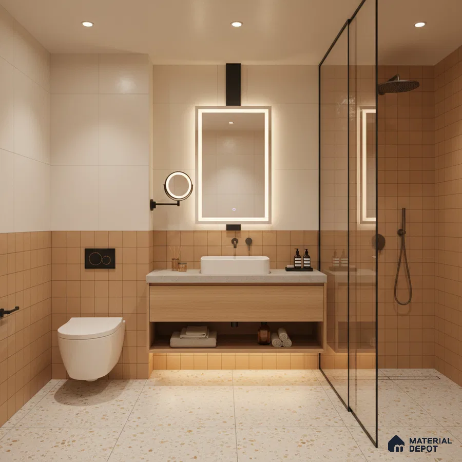 Modern bathroom with terracotta wall tiles, terrazzo floor tiles, and light wood floating vanity | Material Depot