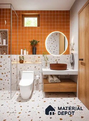 Modern bathroom with terracotta wall tiles, terrazzo wall and floor tiles, and floating wood vanity in Purva Midtown B-Narayanapura 3 BHK Bengaluru Apartment