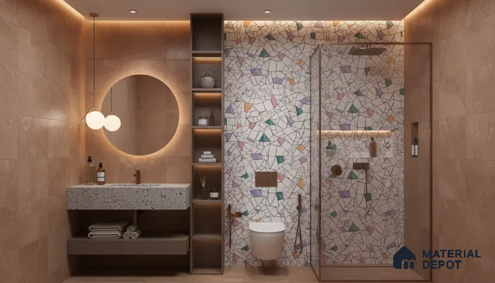 Modern bathroom design with terrazzo mosaic wall tiles, beige stone wall tiles, and terrazzo countertop in Bengaluru | Material Depot