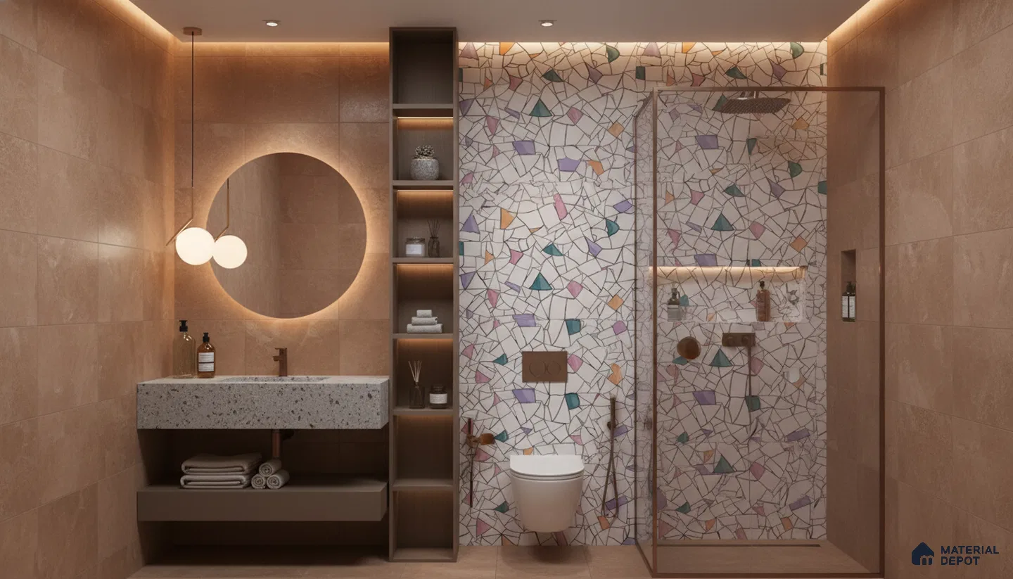 Modern bathroom design with terrazzo mosaic wall tiles, beige stone wall tiles, and terrazzo countertop in Bengaluru | Material Depot
