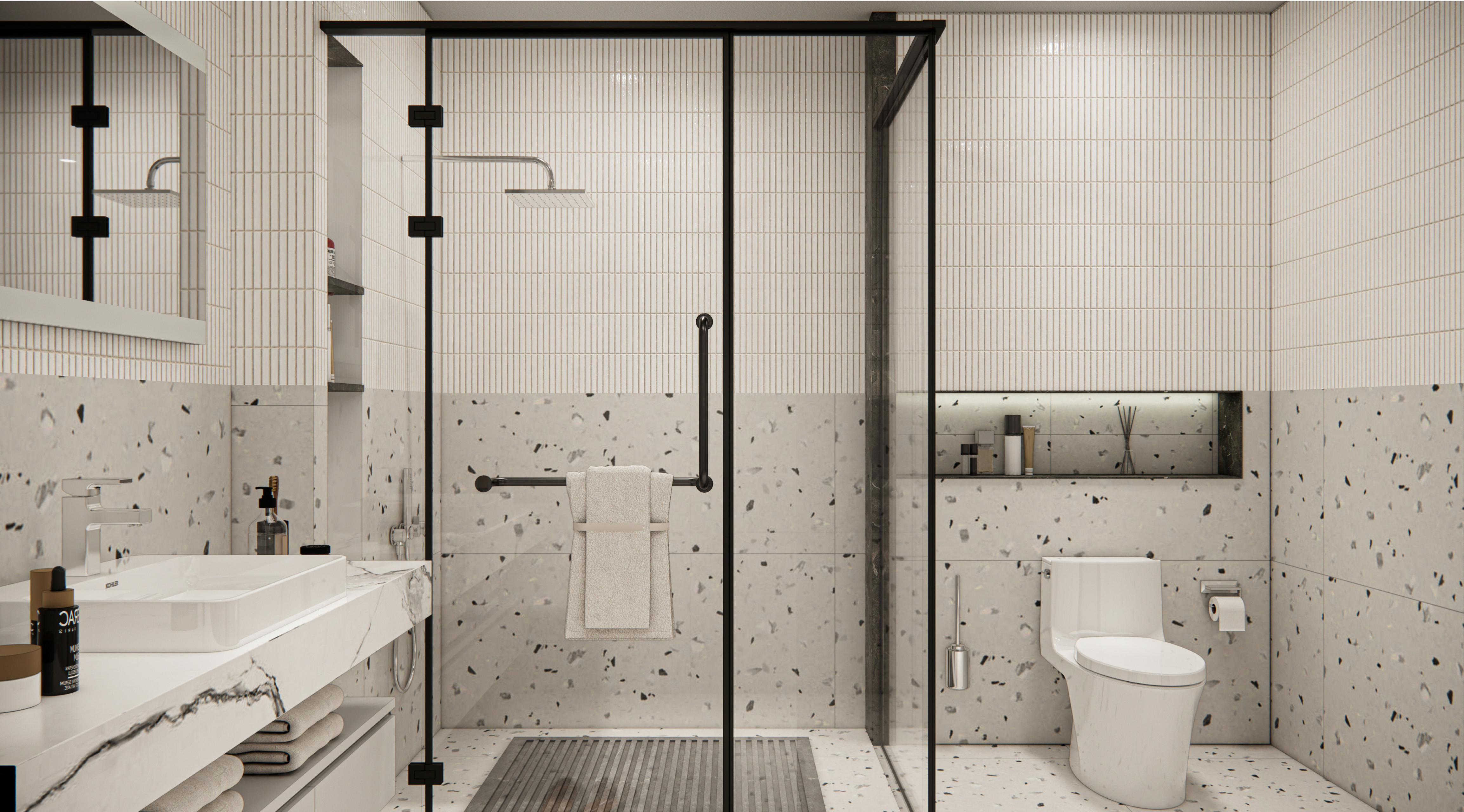 Modern Bathroom with Terrazzo Tiles and Fluted Walls | Material Depot
