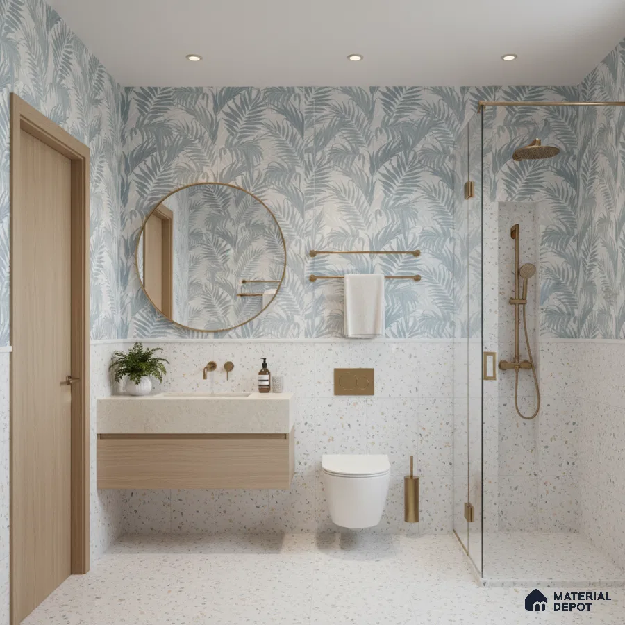 Modern bathroom design with terrazzo tiles, blue tropical wall tile, and light wood floating vanity in Bengaluru | Material Depot