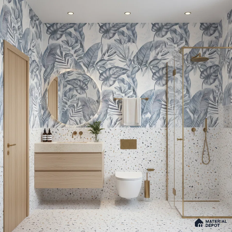 Modern bathroom design with terrazzo tiles, botanical floral wall tiles, and light wood floating vanity in Bengaluru | Material Depot