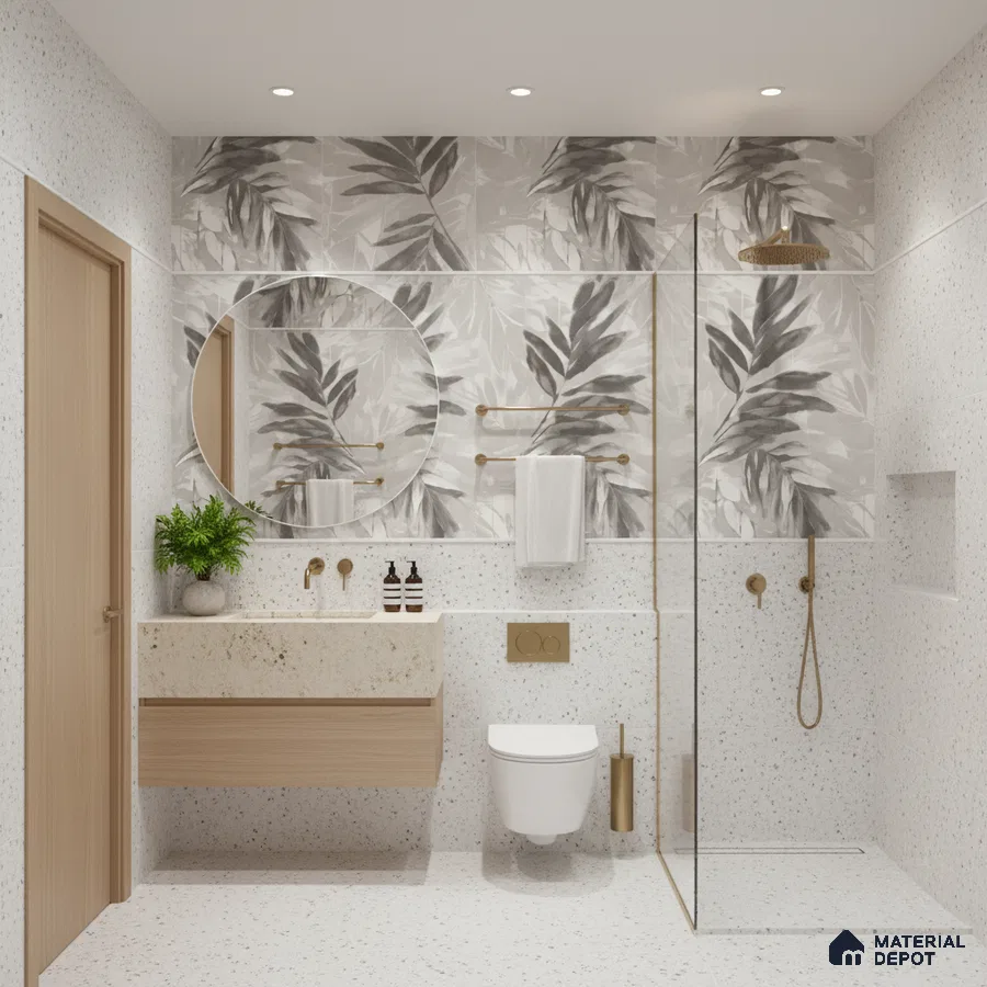 Modern bathroom design with terrazzo tiles, botanical highlighter wall tiles, and floating wood vanity in Bengaluru | Material Depot