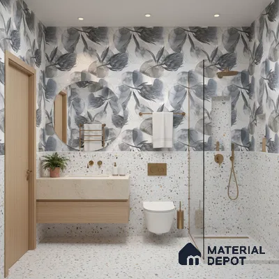 Modern bathroom design with terrazzo tiles, floral patterned wall tiles, and light wood floating vanity in Bengaluru | Material Depot