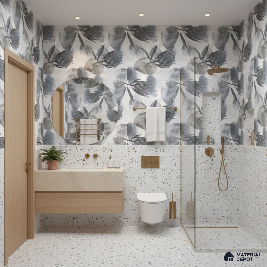 Modern bathroom design with terrazzo tiles, floral patterned wall tiles, and light wood floating vanity in Bengaluru | Material Depot