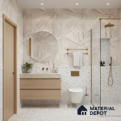 Modern bathroom design with terrazzo tiles, floral wall tiles, and light oak floating vanity in Bengaluru | Material Depot