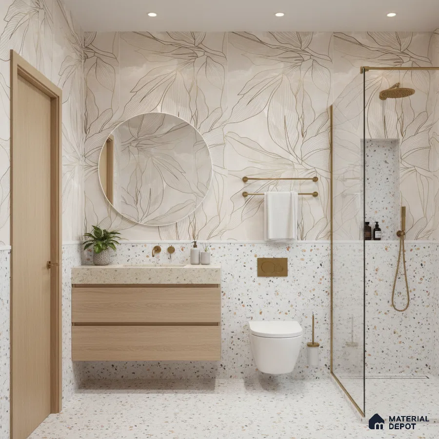 Modern bathroom design with terrazzo tiles, floral wall tiles, and light oak floating vanity in Bengaluru | Material Depot
