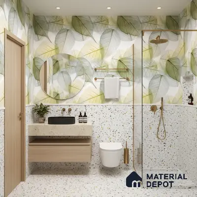 Modern bathroom design with terrazzo tiles, leaf-patterned tile, and floating wood vanity in Bengaluru | Material Depot
