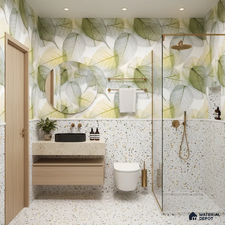 Modern bathroom design with terrazzo tiles, leaf-patterned tile, and floating wood vanity in Bengaluru | Material Depot