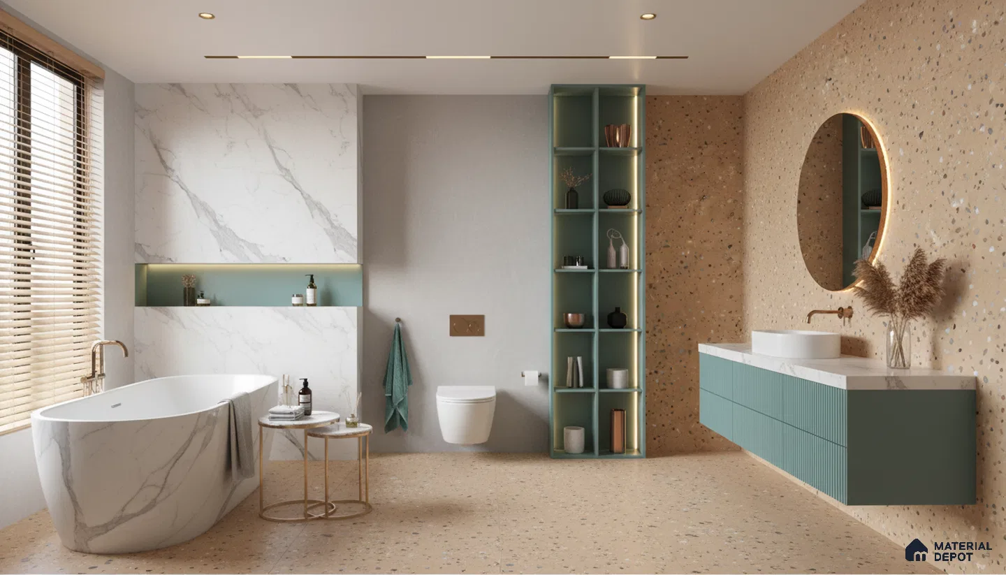 Modern bathroom design with terrazzo tiles, marble-look wall panels, and sage green fluted vanity in Bengaluru | Material Depot