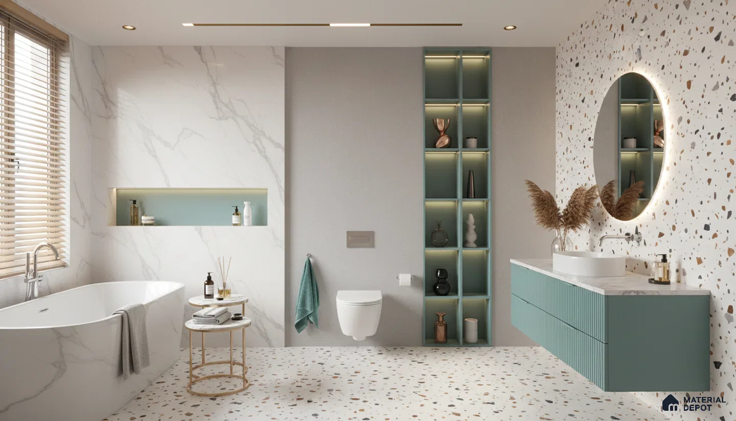 Modern bathroom design with terrazzo tiles, marble-look wall tiles, and sage green fluted vanity in Bengaluru | Material Depot