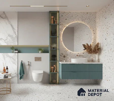 Modern bathroom design with terrazzo tiles, marble wall panel, and sage green fluted vanity in Bengaluru | Material Depot