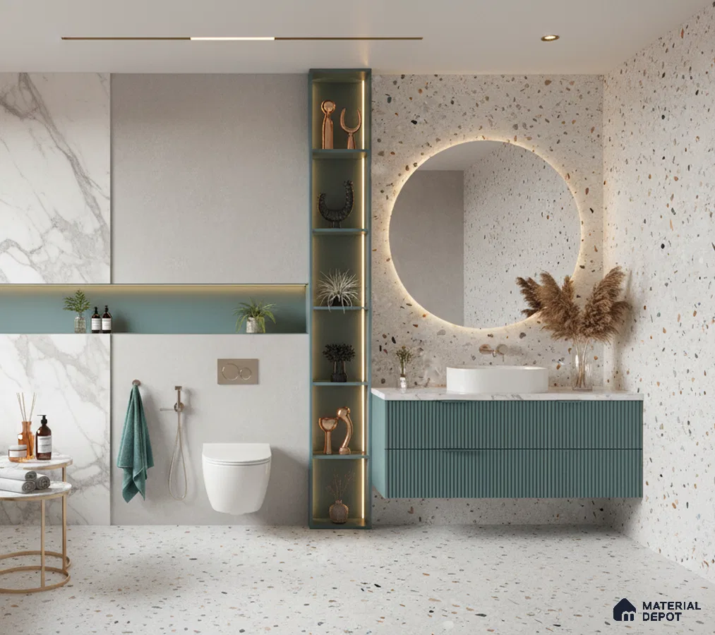 Modern bathroom design with terrazzo tiles, marble wall panel, and sage green fluted vanity in Bengaluru | Material Depot