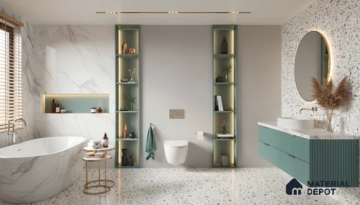 Modern bathroom design with terrazzo tiles, marble wall tiles, and teal fluted vanity laminate in Bengaluru | Material Depot