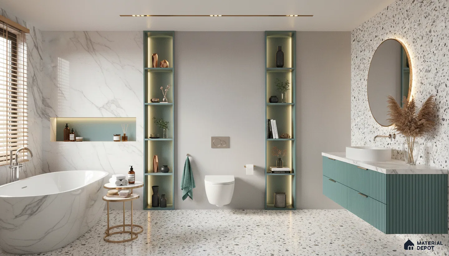 Modern bathroom design with terrazzo tiles, marble wall tiles, and teal fluted vanity laminate in Bengaluru | Material Depot