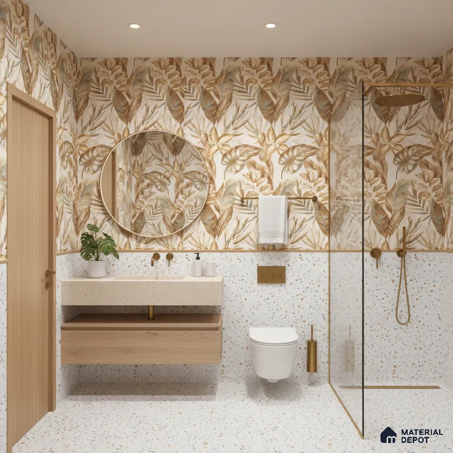 Modern bathroom design with terrazzo tiles, tropical floral wall tiles, and light oak floating vanity in Bengaluru | Material Depot